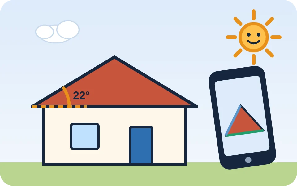 Cartoon of a house with the roof angle marked and a phone measuring the pitch